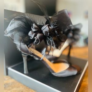 BLACK SATIN BOW, FEATHER AND FLOWER HIGH-HEEL DRESSY SANDAL